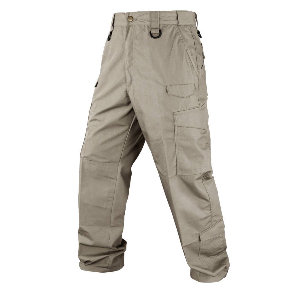 Condor Sentinel Tactical Pants in khaki, featuring multiple pockets, belt loops, and reinforced knees, shown against a plain background.