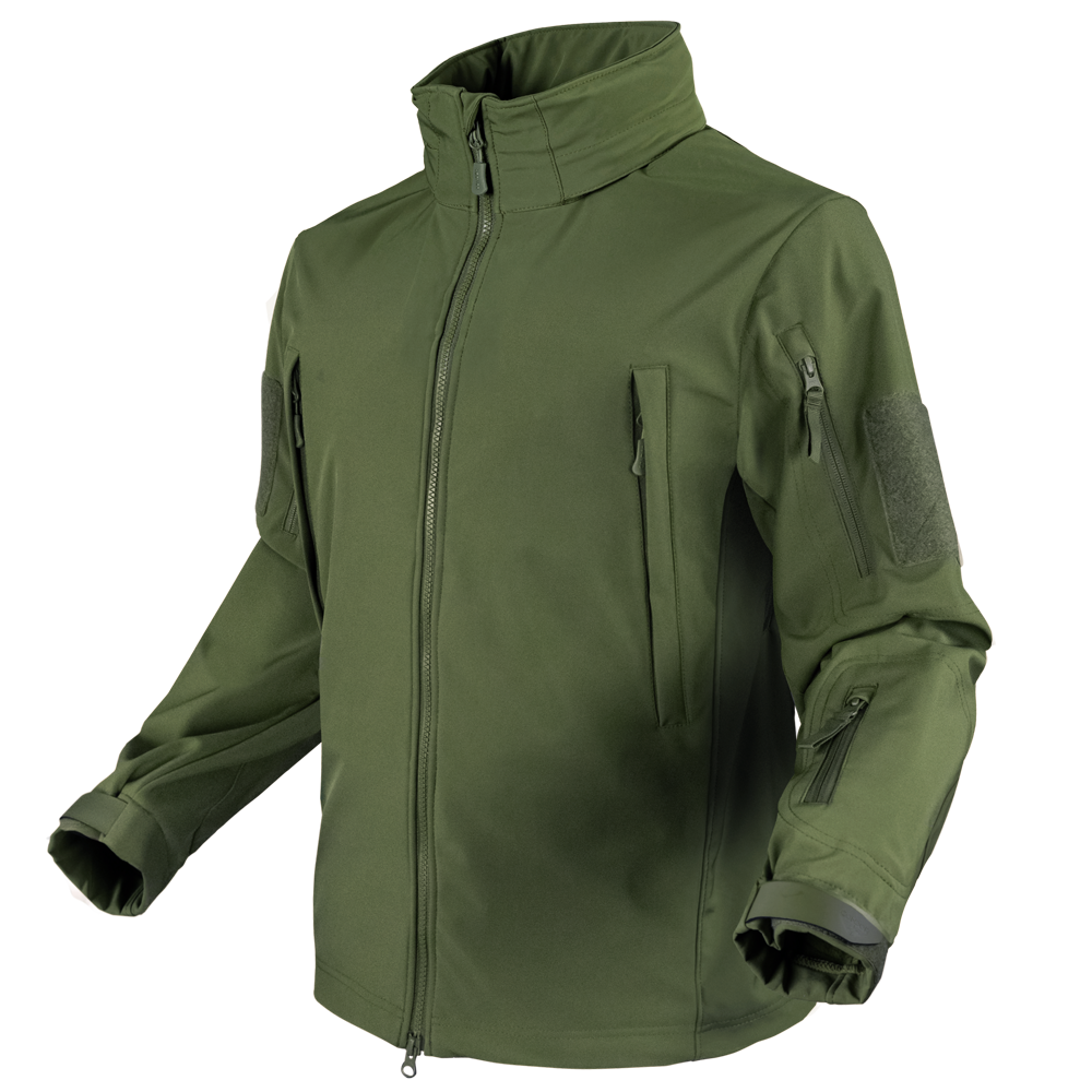 The Condor Summit Zero Softshell Jacket in olive green features a high collar, zip-up front, long sleeves, zippered chest and arm pockets, and adjustable cuffs, shown against a plain background.