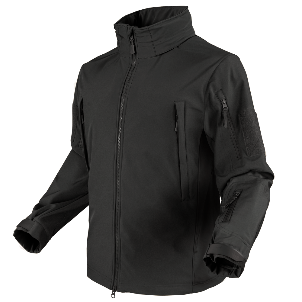 The Condor Summit Zero Softshell Jacket is a black zip-up jacket with multiple zippered pockets on the chest, sleeves, and arms, displayed on a plain background.