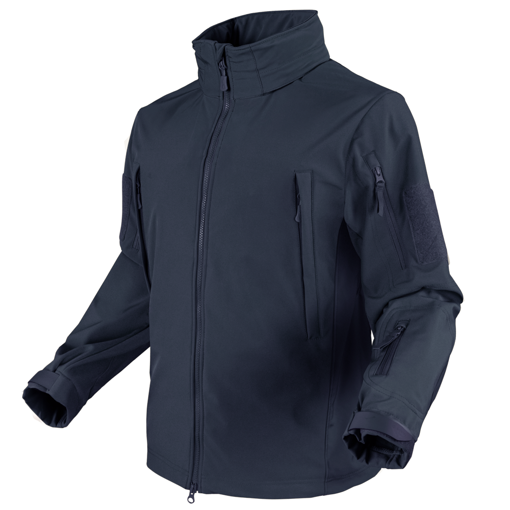 The Condor Summit Zero Softshell Jacket is a navy blue zip-up with a high collar, multiple zippered pockets on the chest and sleeves, and adjustable cuffs.