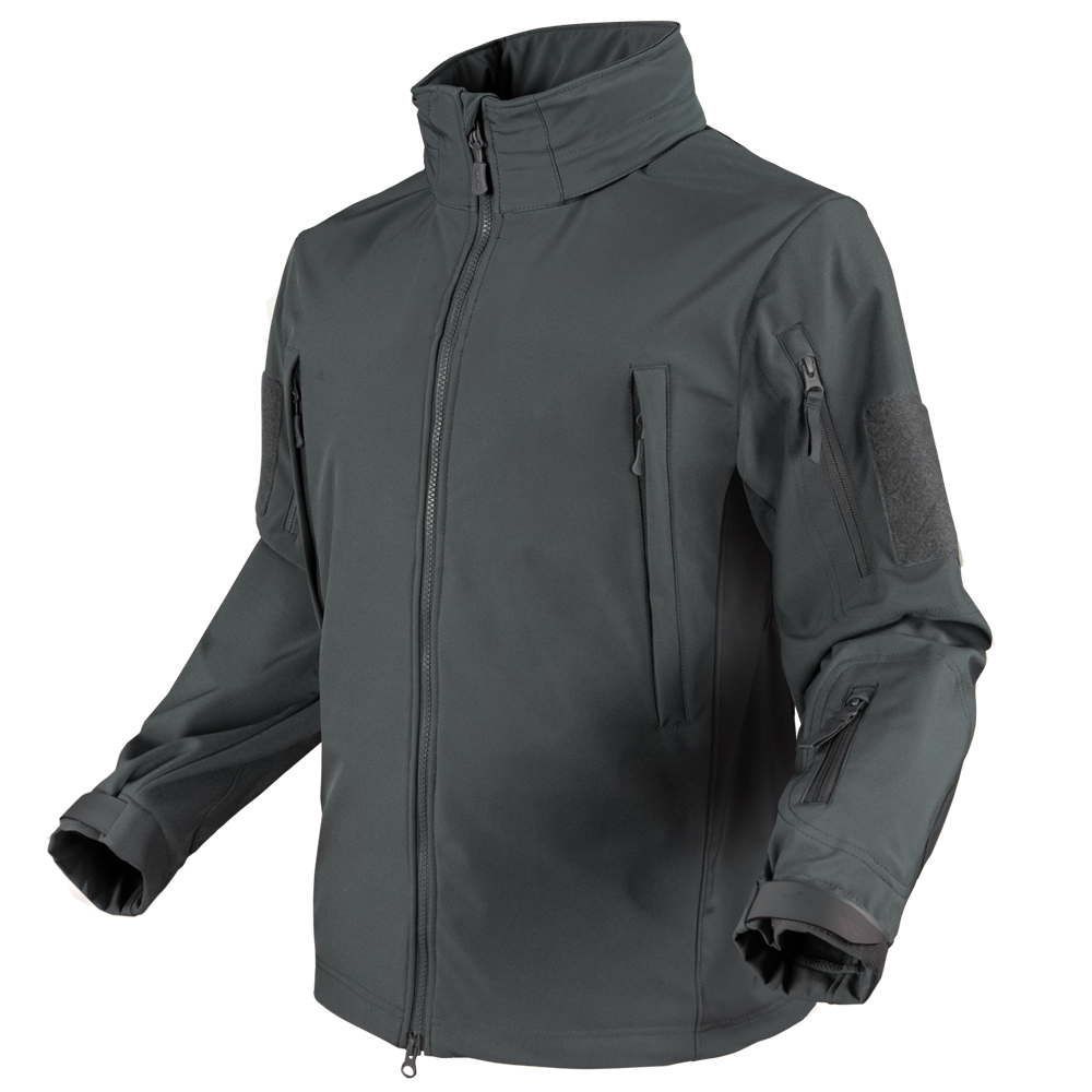 The Condor Summit Zero Softshell Jacket is a dark gray, zip-up tactical jacket featuring multiple zippered pockets on the chest, arms, and sleeve, shown on a white background.