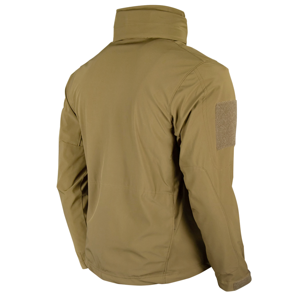 The Condor Summit Zero Softshell Jacket in tan is displayed from the back, featuring long sleeves, a high collar, and a hook-and-loop patch on the upper left sleeve.