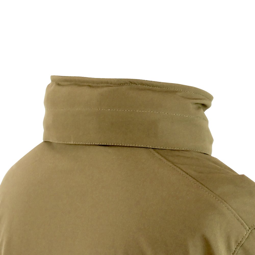 Close-up of the back and collar of the Condor Summit Zero Softshell Jacket in tan, highlighting stitching details and fabric texture.