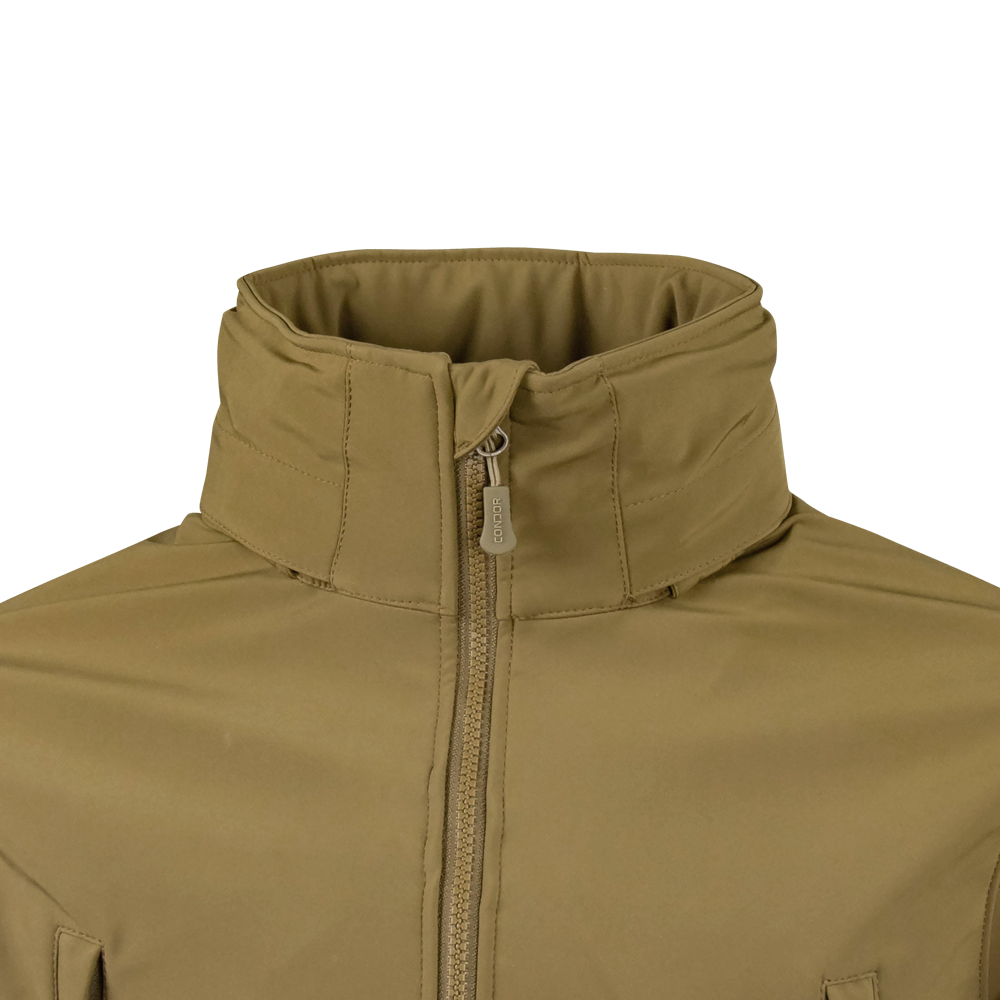 Close-up of the upper front of the Condor Summit Zero Softshell Jacket in tan, featuring a high collar and a partially zipped front zipper.