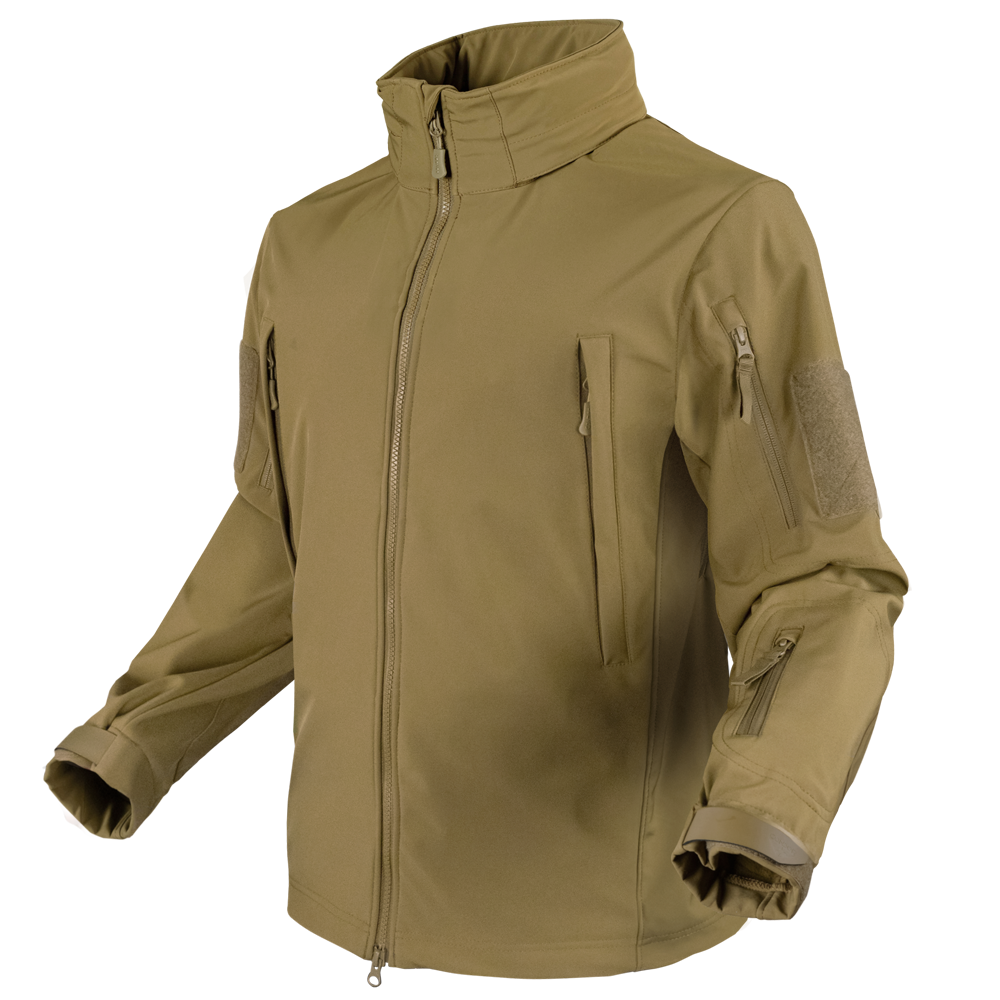 The Condor Summit Zero Softshell Jacket is a khaki, long-sleeve tactical jacket featuring a high collar, full front zipper, and multiple zippered pockets on the chest, arms, and sleeves.