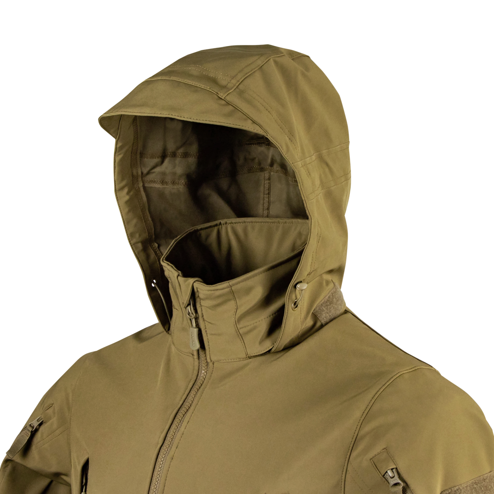 The Condor Summit Zero Softshell Jacket, in khaki, features a high collar and zippered front. It is shown displayed on a mannequin against a white background.