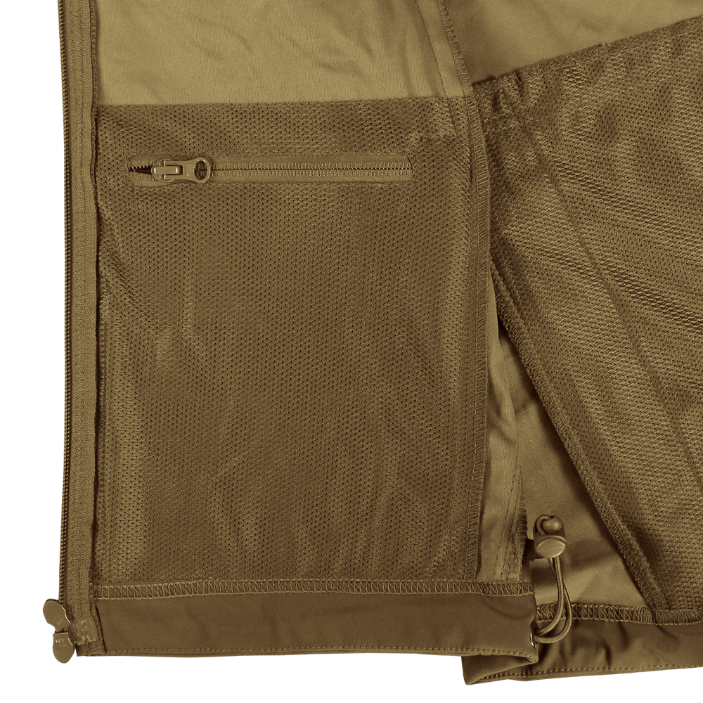 Close-up of the Condor Summit Zero Softshell Jacket in brown, featuring a mesh zip pocket and an adjustable drawstring at the hem.
