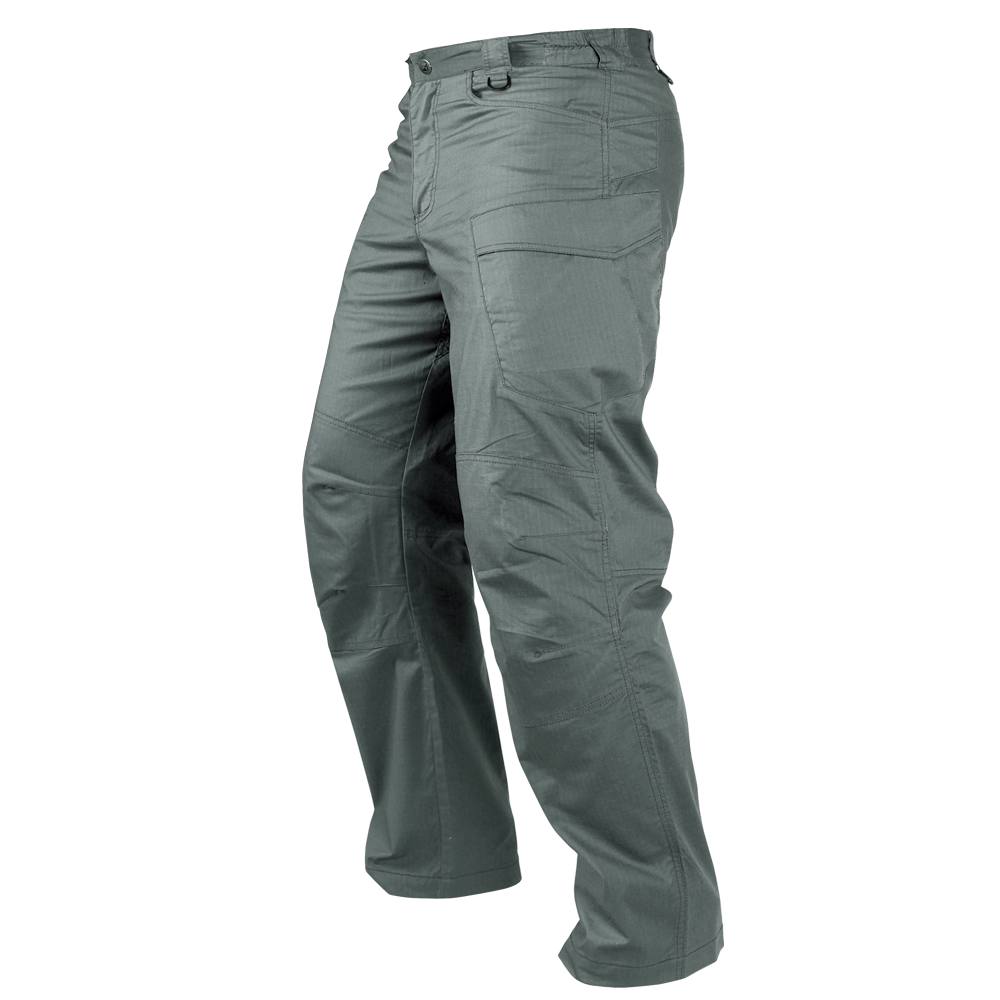 The Condor Stealth Operator Pants, shown in gray with multiple pockets, belt loops, and reinforced stitching, are perfect for bushcraft or EDC. Displayed on a white background.