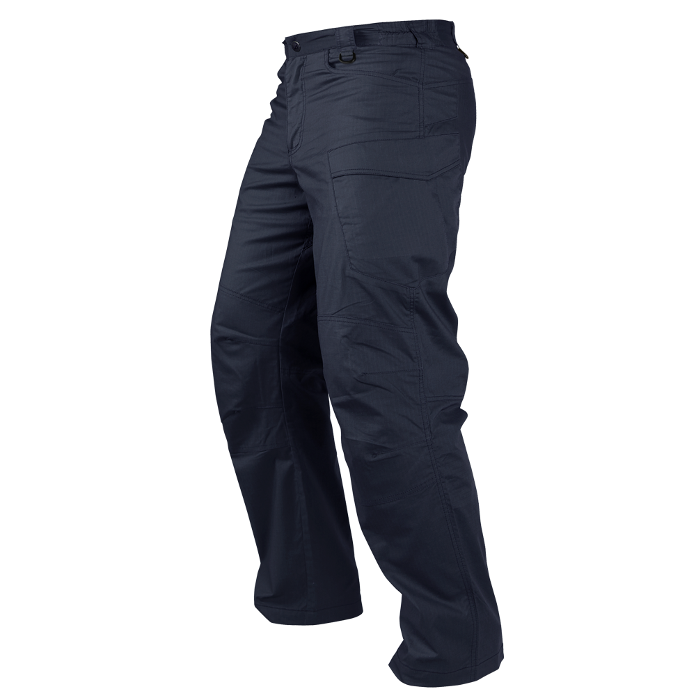 The Condor Stealth Operator Pants are navy blue tactical pants with multiple pockets and reinforced knees, designed for bushcraft and first responders, shown on an invisible mannequin from a three-quarter angle.
