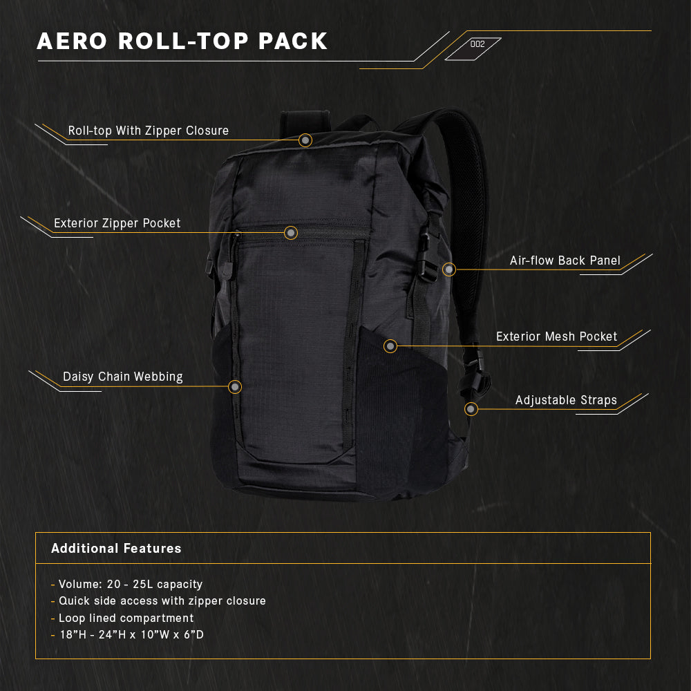 The Condor Aero Roll-Top Backpack 25L features a zipper closure, mesh and zip pockets, daisy chain webbing, adjustable straps, and air-flow back panel—perfect for military or law enforcement use. Shown on a black background.