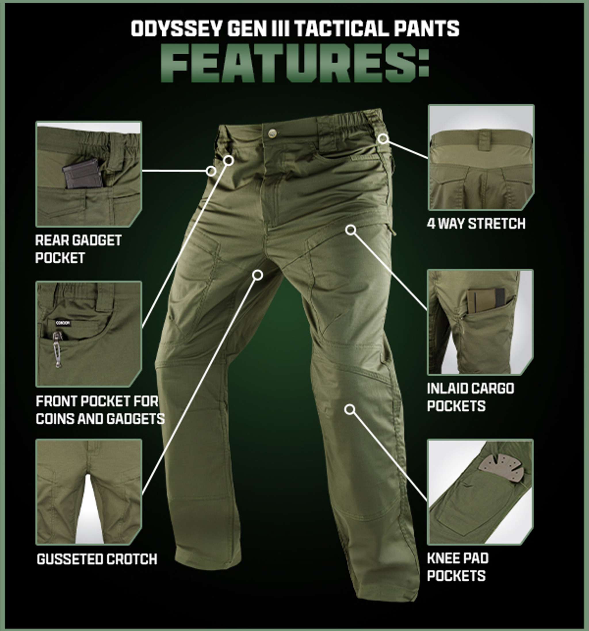 The Condor Odyssey Pants Gen III in olive green feature labeled rear and front gadget pockets, cargo pockets, gusseted crotch, 4-way stretch fabric, and knee pad pockets.