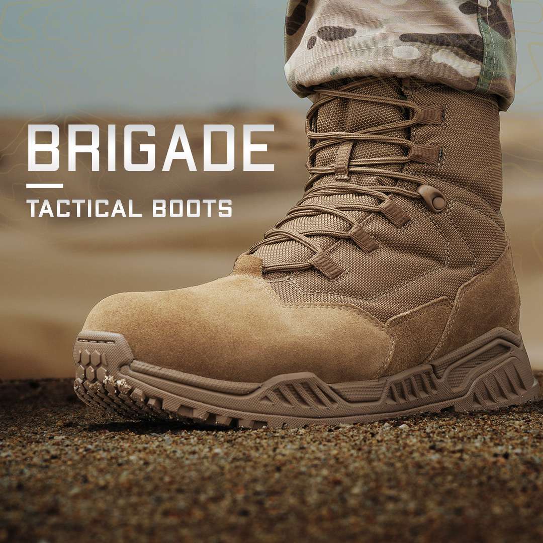 A person in camouflage pants stands on sand wearing tan Condor Brigade 8″ Tactical Boots - AR670. Text reads: Brigade 8″ Tactical Boots - AR670.