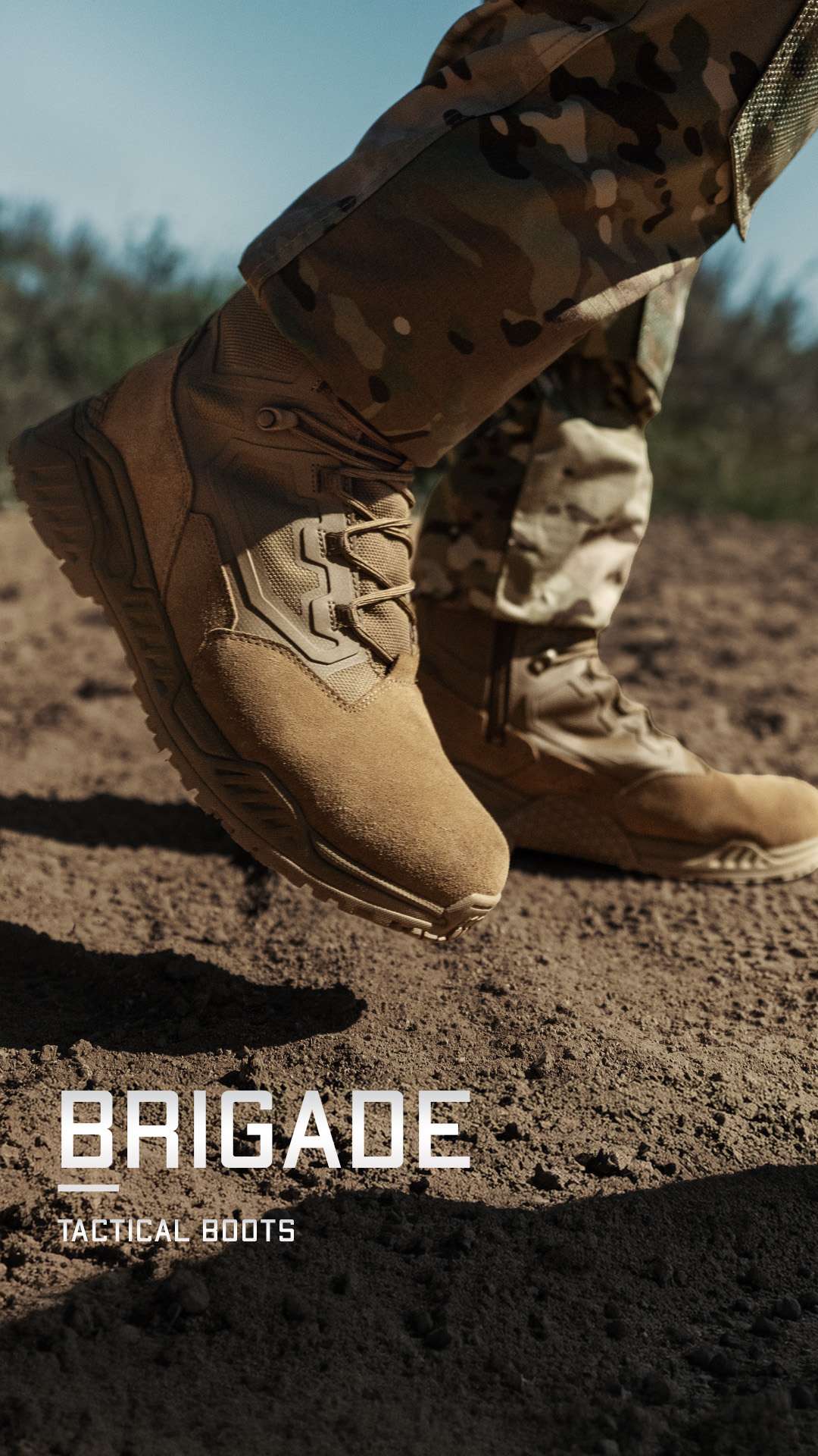A person wearing Condor Brigade 8″ Tactical Boots - AR670 and camouflage pants stands on dirt ground outdoors; text reads Brigade Tactical Boots.