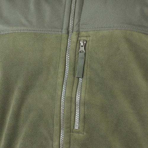 Close-up of the Condor Alpha Fleece Jacket in green, highlighting the visible vertical chest zipper pocket and a portion of the main front zipper.
