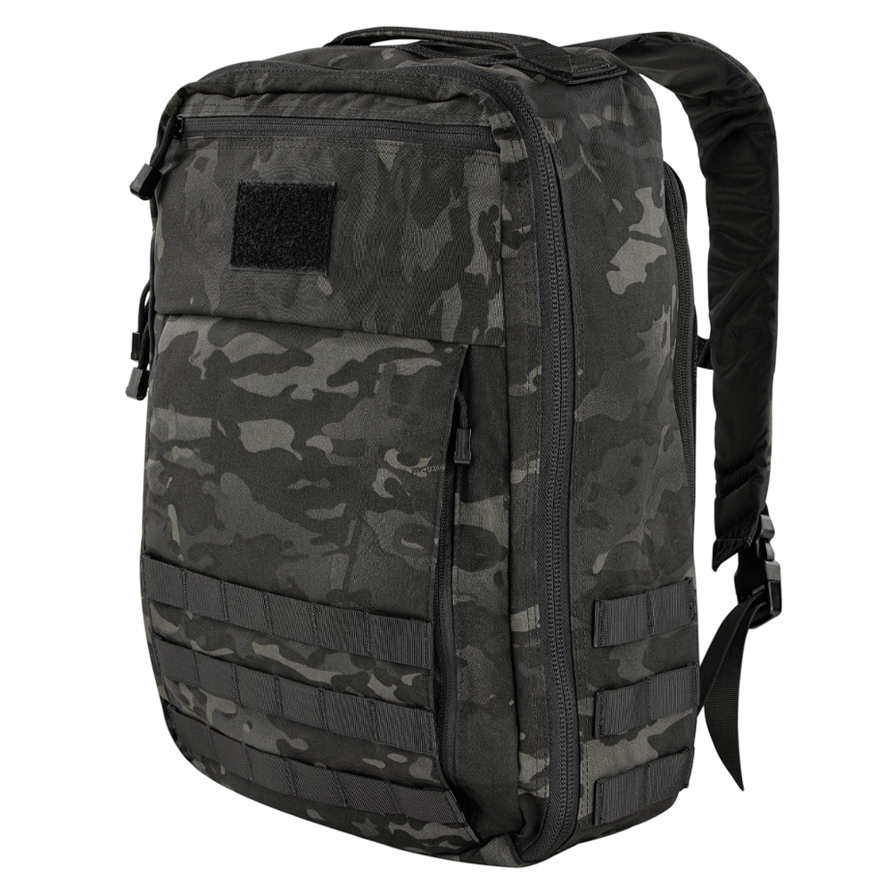 The Condor Prime Pack 21L in MultiCam Black features a camouflage pattern, multiple compartments, straps, and a front loop patch.