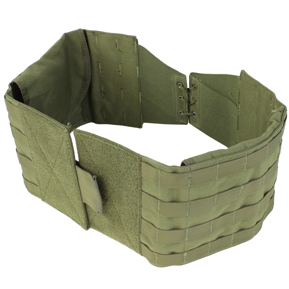 The Condor Defender Plate Carrier in olive green features MOLLE webbing with adjustable Velcro and lace-up closure, shown on a white background.