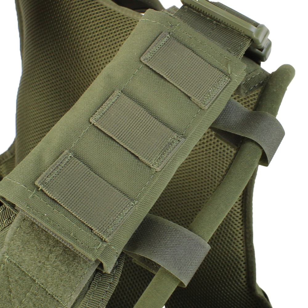 Close-up of the Condor Defender Plate Carriers olive green shoulder strap, featuring reinforced stitching and multiple attachment loops.