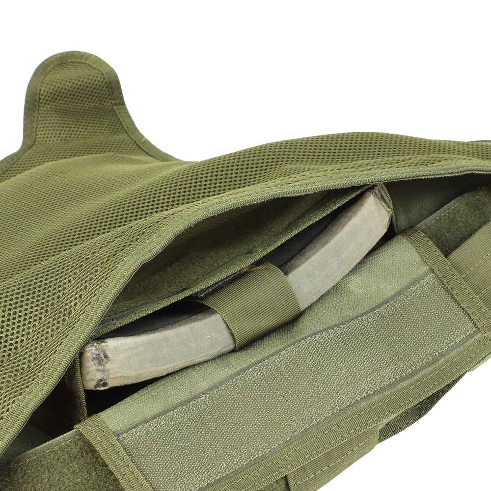 Close-up of the Condor Defender Plate Carrier in olive green, with an armor plate partially visible inside the front compartment.