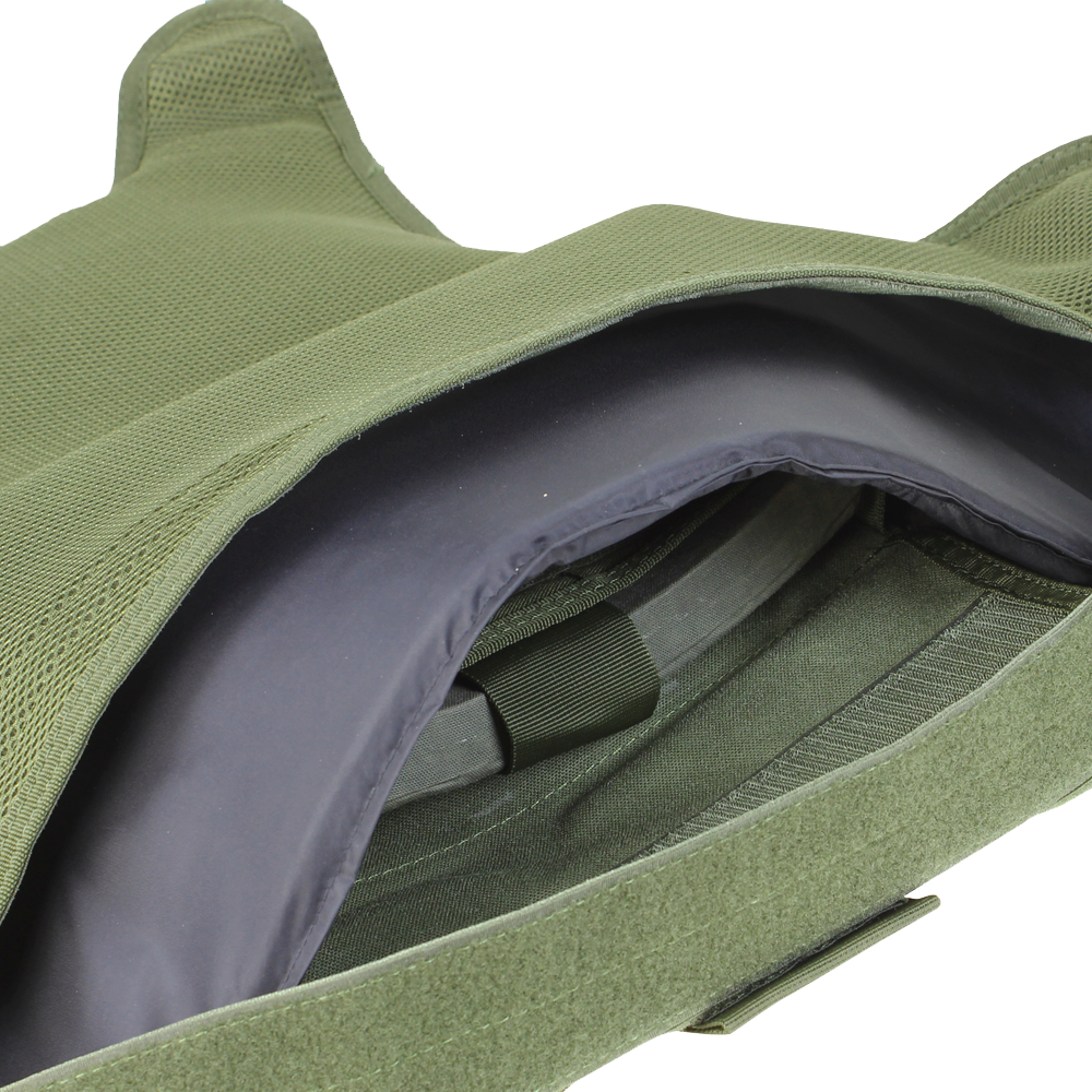 Close-up of an open Condor Defender Plate Carrier in olive green, displaying the interior compartment with a visible armor plate inside.