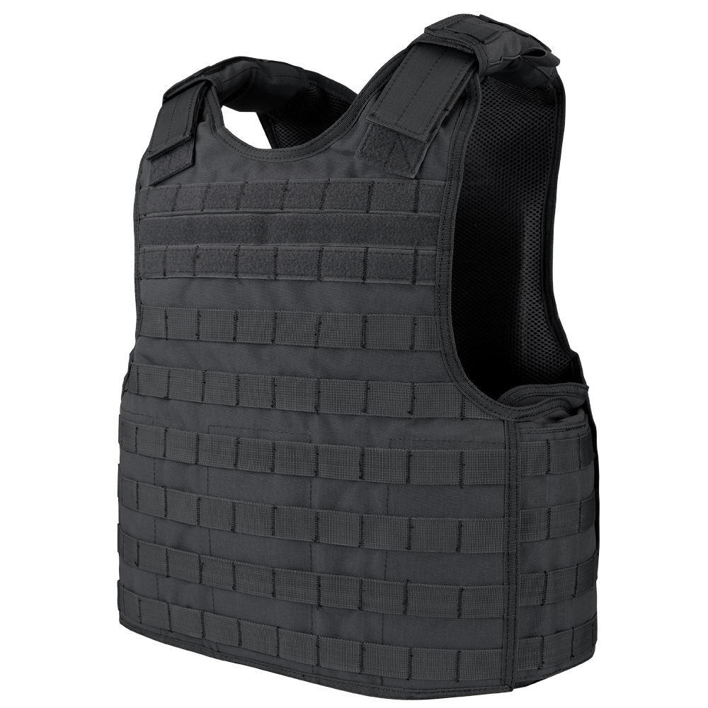 The Condor Defender Plate Carrier features multiple rows of webbing for attachments, adjustable shoulder straps, and a mesh lining for ventilation.