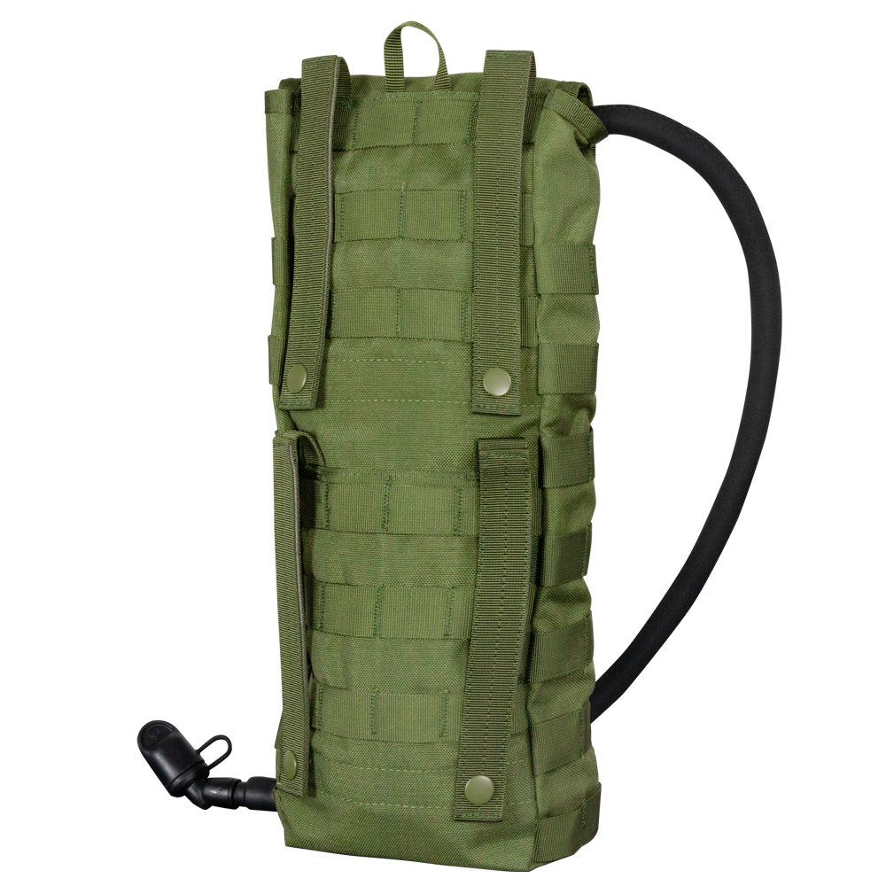 The Condor Hydration Carrier is a green tactical pack with MOLLE webbing, carry handle, and drinking tube with bite valve—ideal for EDC, law enforcement, or staying hydrated at the shooting range.