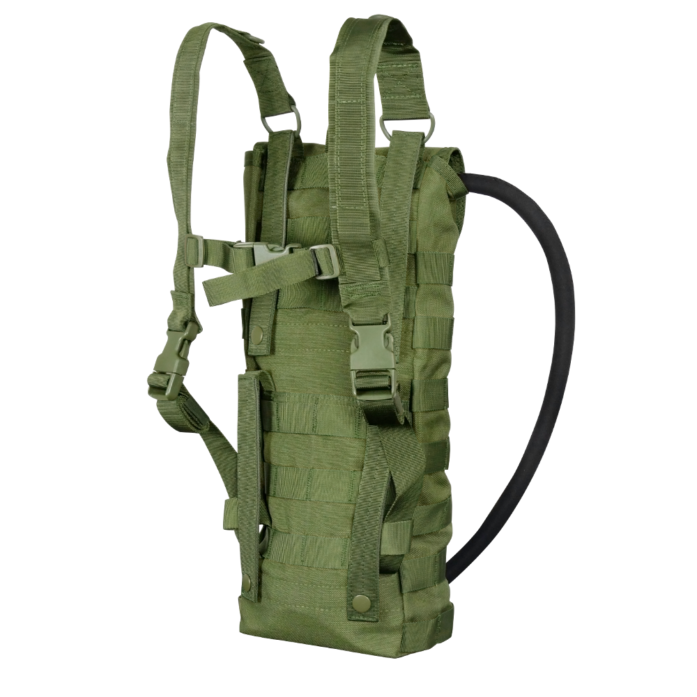 The Condor Hydration Carrier is an olive green tactical backpack with adjustable straps and a drinking tube, perfect for outdoor, military, or law enforcement use—ideal for staying hydrated on the shooting range.