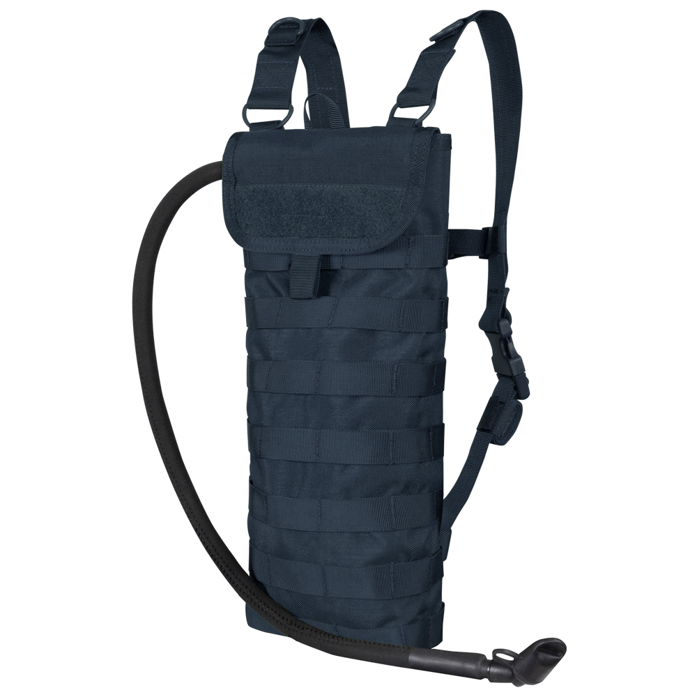 The Condor Hydration Carrier is a dark blue pack with shoulder straps, MOLLE webbing, and a bottom-corner drinking tube—perfect for everyday carry or the shooting range.
