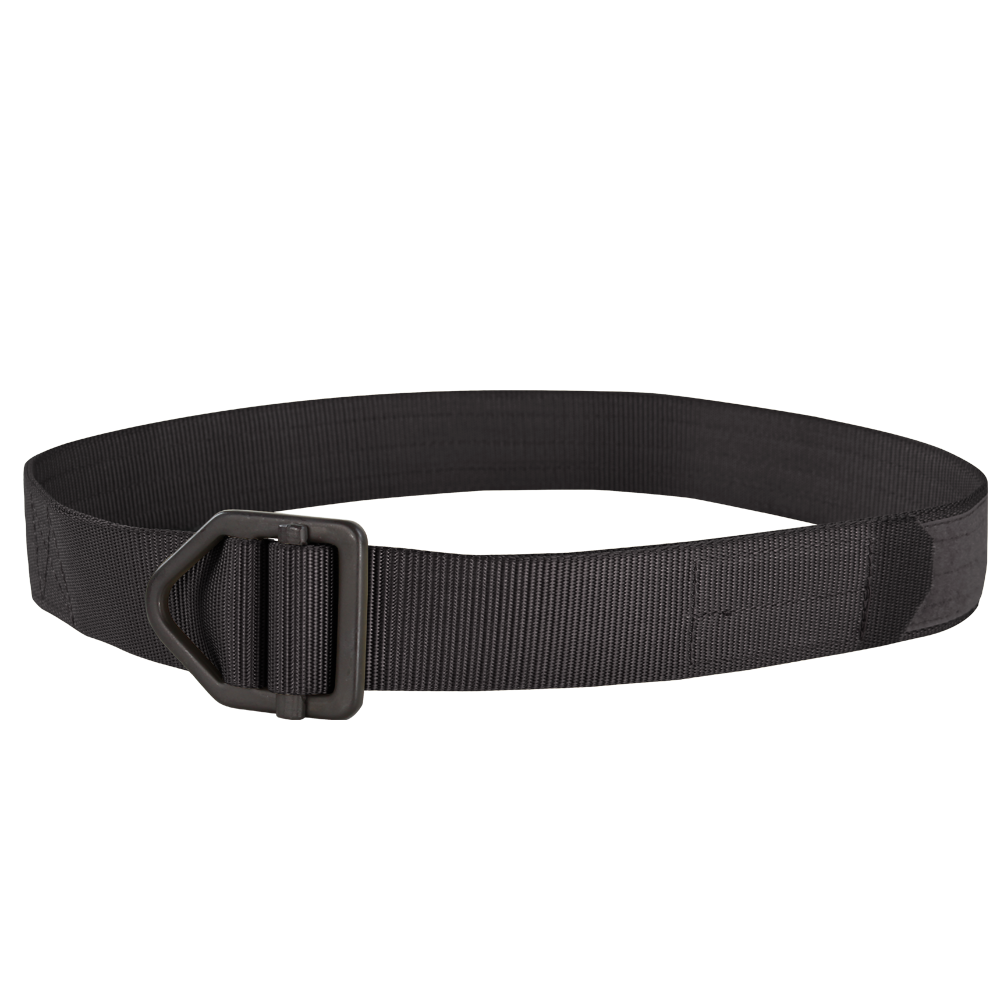 The Condor Instructors Belt is a black tactical belt made from durable nylon, featuring a sturdy metal buckle, and is shown looped on a plain background.