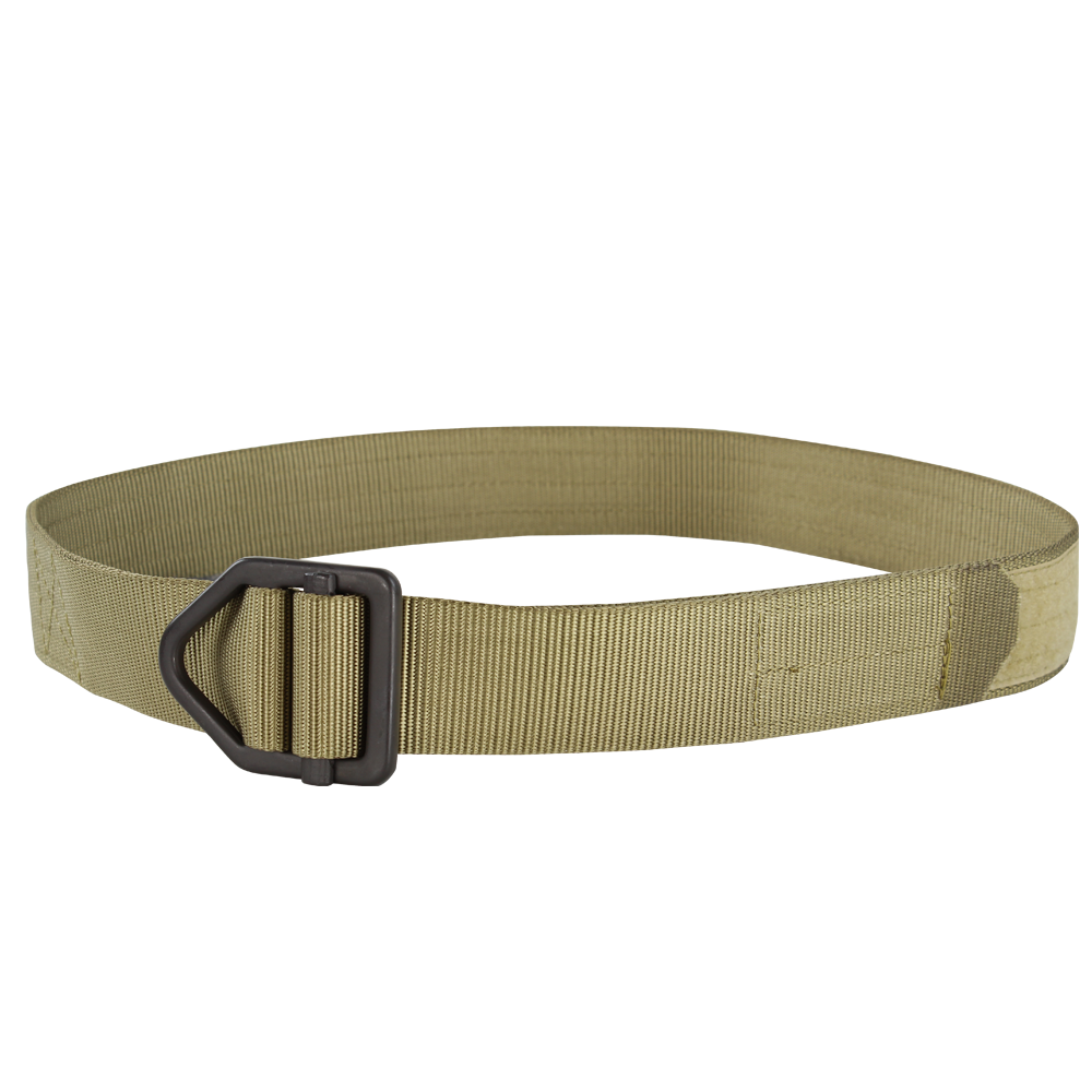 The Condor Instructors Belt is a tan nylon tactical belt featuring a black metal triangular buckle, shown on a plain background.
