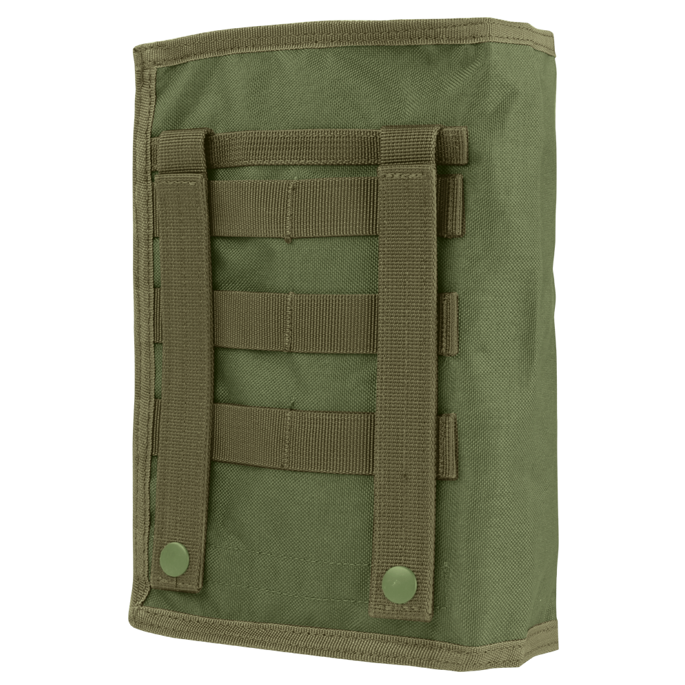 The Condor Gas Mask Pouch is an olive green tactical pouch featuring MOLLE webbing and two snap-button straps on the back.