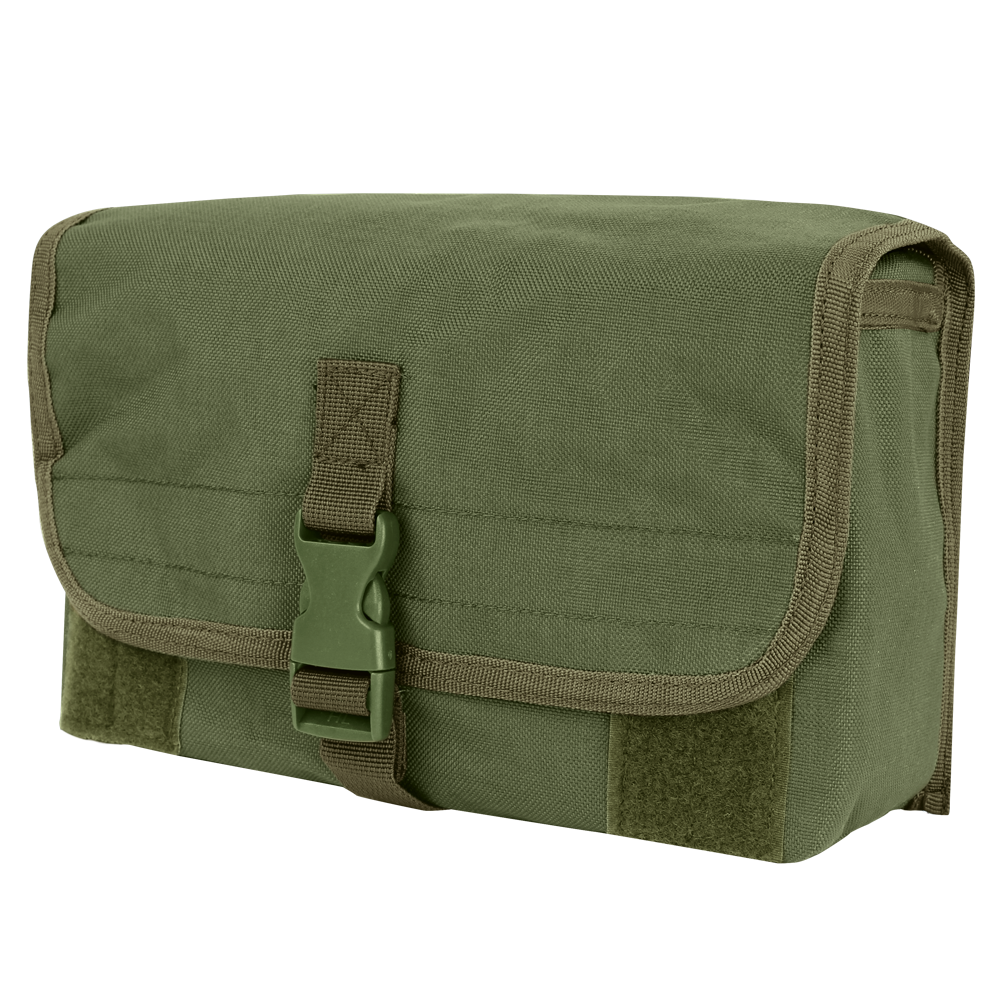 The Condor Gas Mask Pouch is a rectangular olive drab canvas pouch with a front flap, secured by a plastic buckle and trimmed with matching fabric.