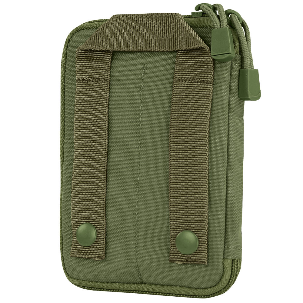The Condor Pocket Pouch in olive green features two vertical straps with snap buttons on the back, allowing easy attachment to a belt or backpack.