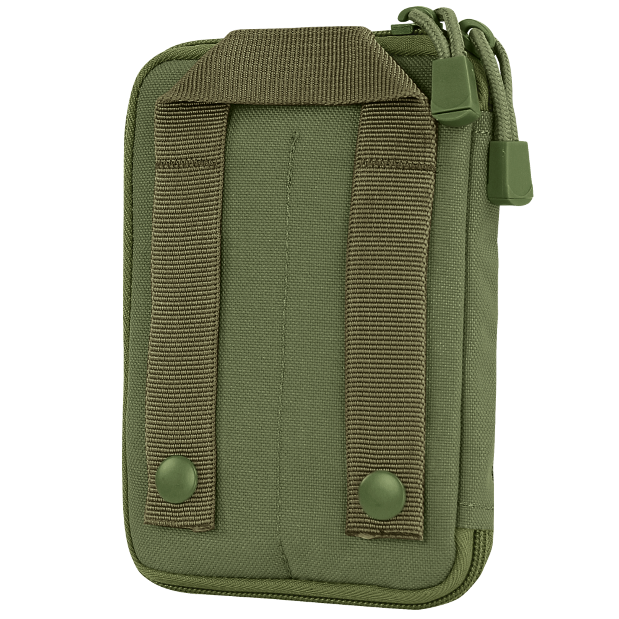The Condor Pocket Pouch is an olive green tactical pouch with two vertical straps and snap buttons on the back, plus dual zipper pulls at the top.