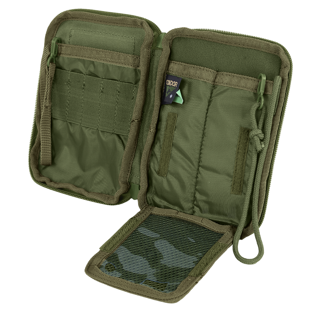The Condor Pocket Pouch is an open olive green tactical pouch featuring multiple compartments, elastic loops, a mesh pocket, and a zipper closure.