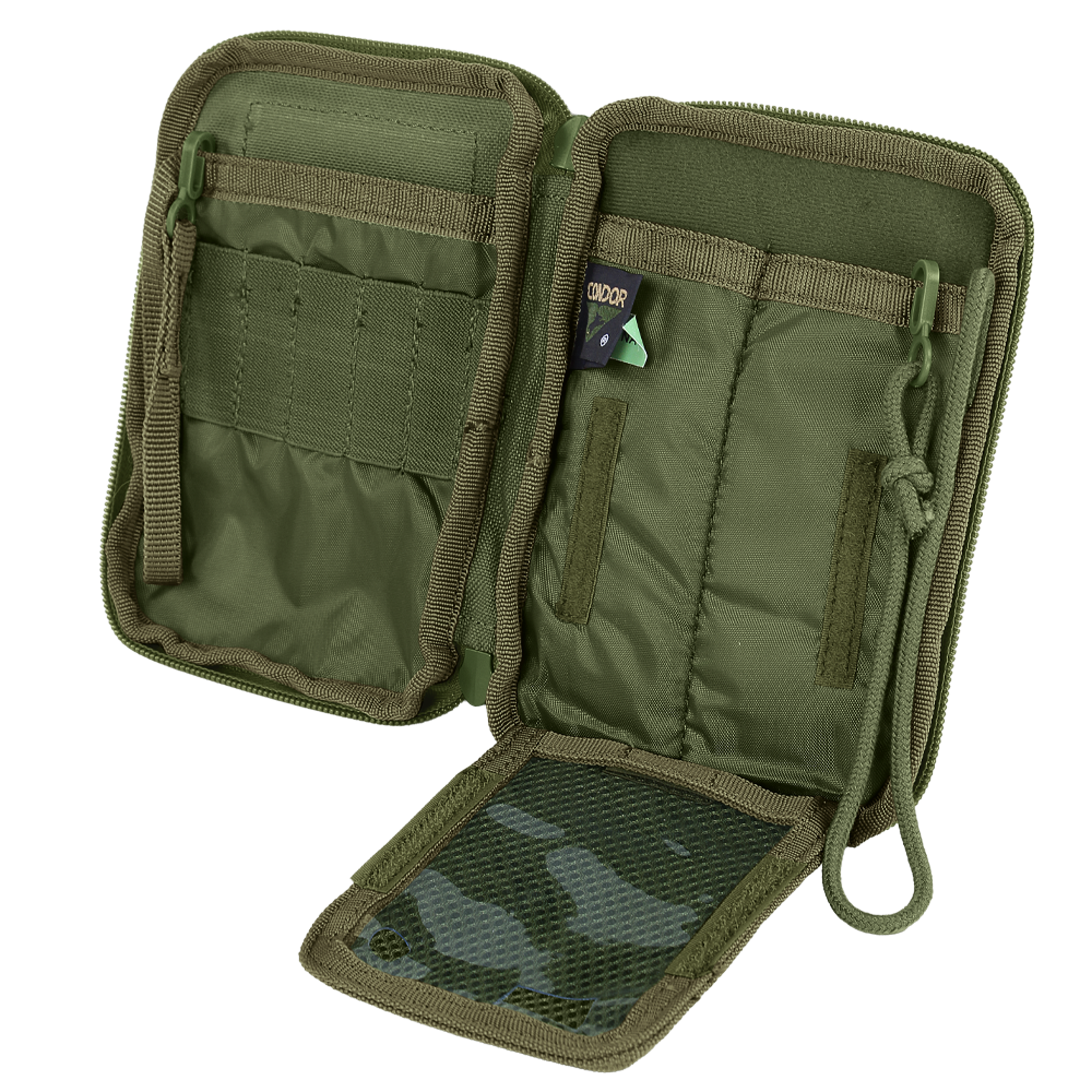 The Condor Pocket Pouch is an open green tactical organizer with multiple compartments, pockets, elastic straps, and a mesh zippered section, displayed on a white background.