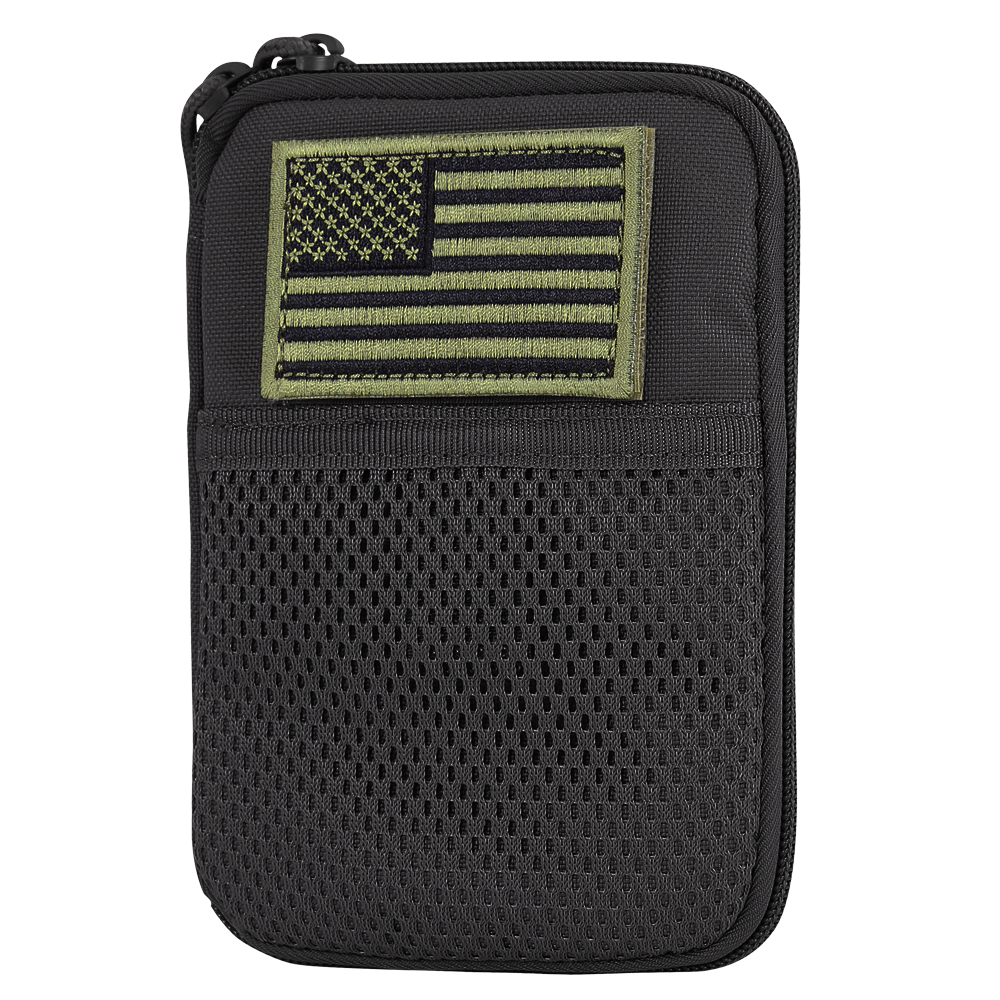 The Condor Pocket Pouch features a black design, green-outlined mesh front pocket, and a subdued American flag patch—ideal for military or EDC enthusiasts.