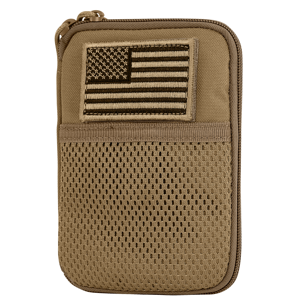 The Condor Pocket Pouch is a tan zippered organizer with a mesh front pocket and a subdued embroidered American flag patch, perfect for military or shooting range use.