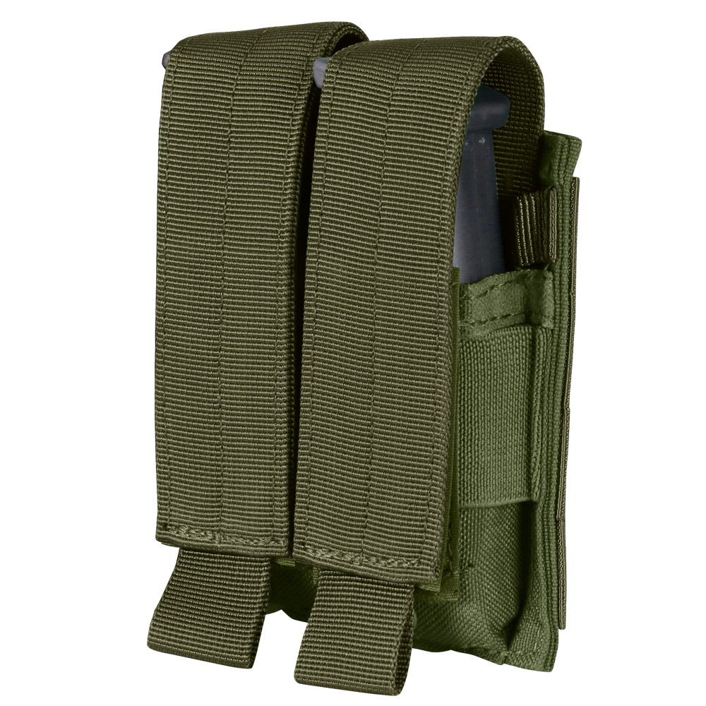 The Condor Double Pistol Mag Pouch in Olive Drab features two compartments, each holding a magazine, with secure flap closures.