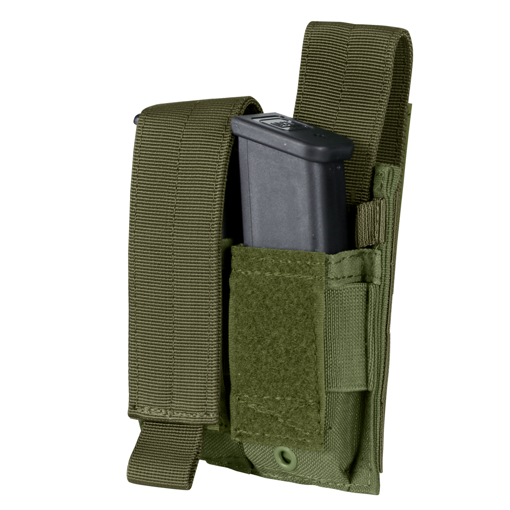 The Condor Double Pistol Mag Pouch in green features a Velcro flap and securely holds a partially inserted black pistol magazine.