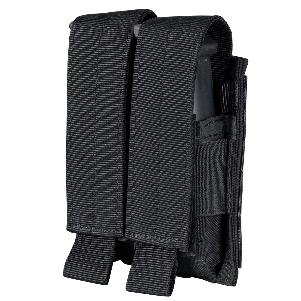 The Condor Double Pistol Mag Pouch is a black nylon pouch with two Velcro-secured compartments, perfect for carrying extra mags—ideal for law enforcement or EDC at the range.