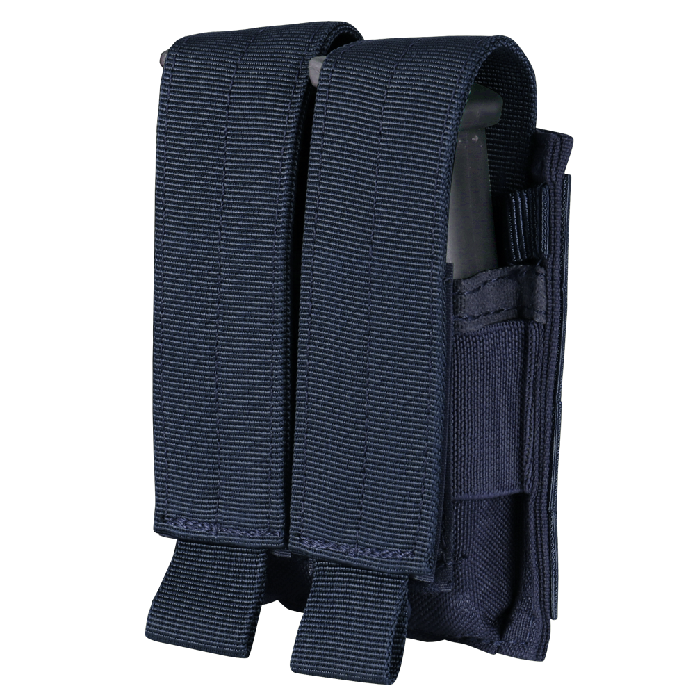 The Condor Double Pistol Mag Pouch features two compartments with flap covers in navy blue, designed to securely carry extra magazines—perfect for law enforcement or shooting range use.