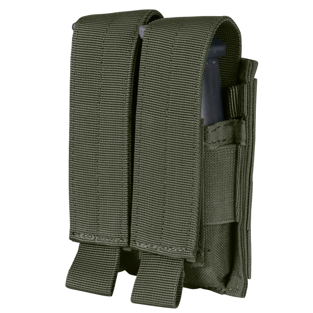 The Condor Double Pistol Mag Pouch in olive green is made from heavy-duty fabric, has two compartments with flap covers and hook-and-loop closures, and is perfect for EDC or first responders.