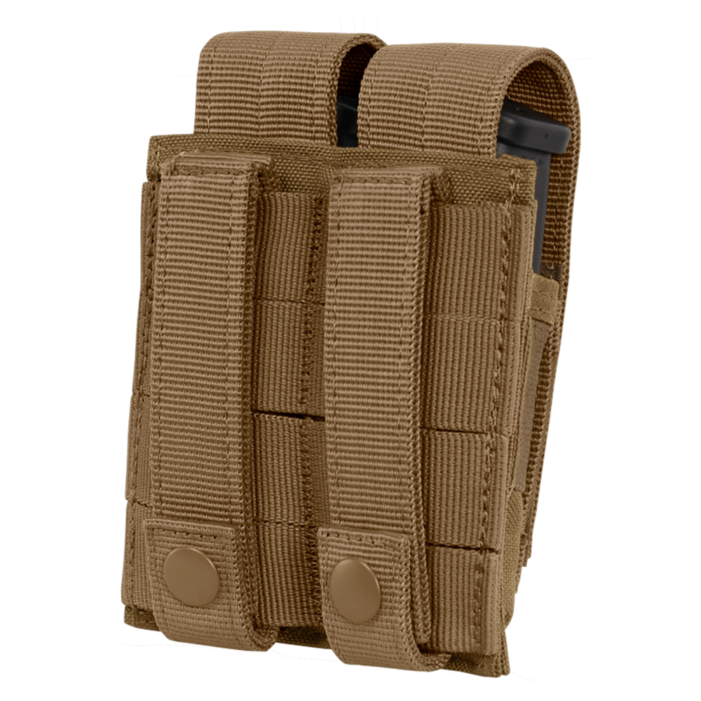 The Condor Double Pistol Mag Pouch is a tan nylon tactical pouch with two compartments, flap covers, and snap button closures—ideal for law enforcement or bushcraft use.