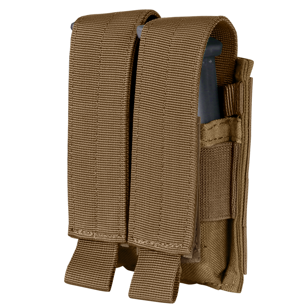 The Condor Double Pistol Mag Pouch in tan features two nylon compartments with hook-and-loop flaps for secure magazine storage—ideal for military or law enforcement users.