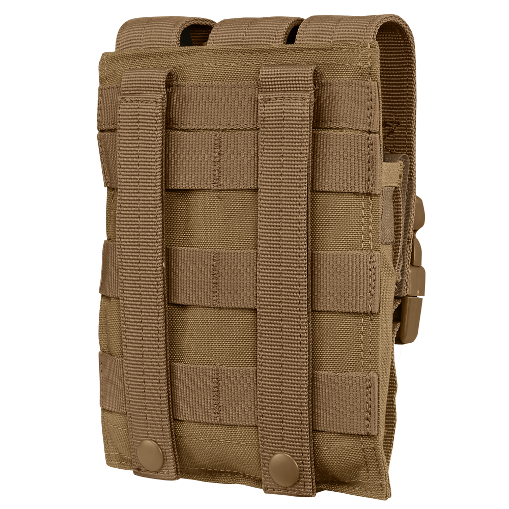 The Condor Triple MP5 Mag Pouch | SALE is a tan tactical MOLLE pouch with two vertical straps and snap buttons on the back for attaching to gear or vests.