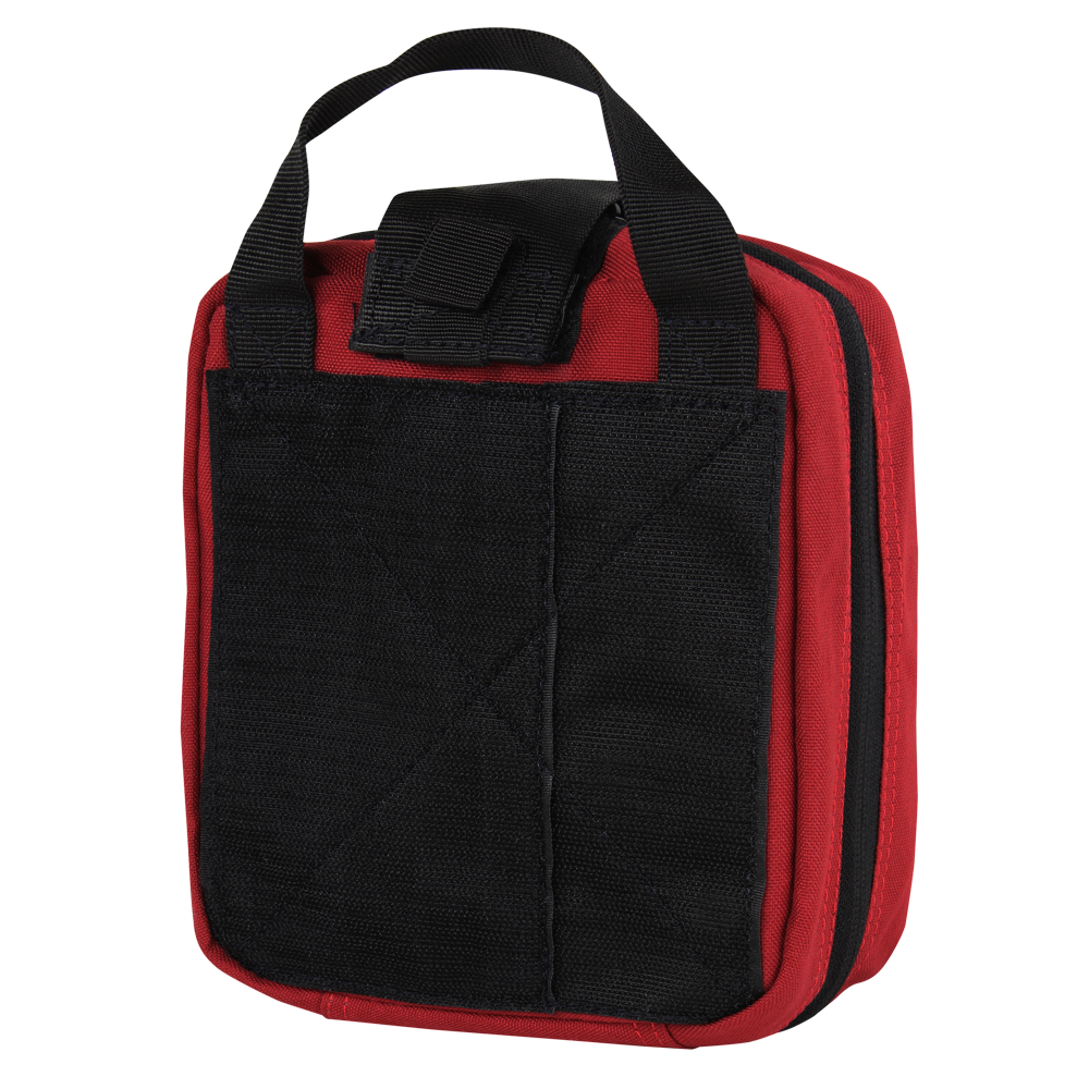 The Condor Rip-Away EMT Pouch is a red zippered carrying case with black handles and an exterior black pocket, shown standing upright against a white background.