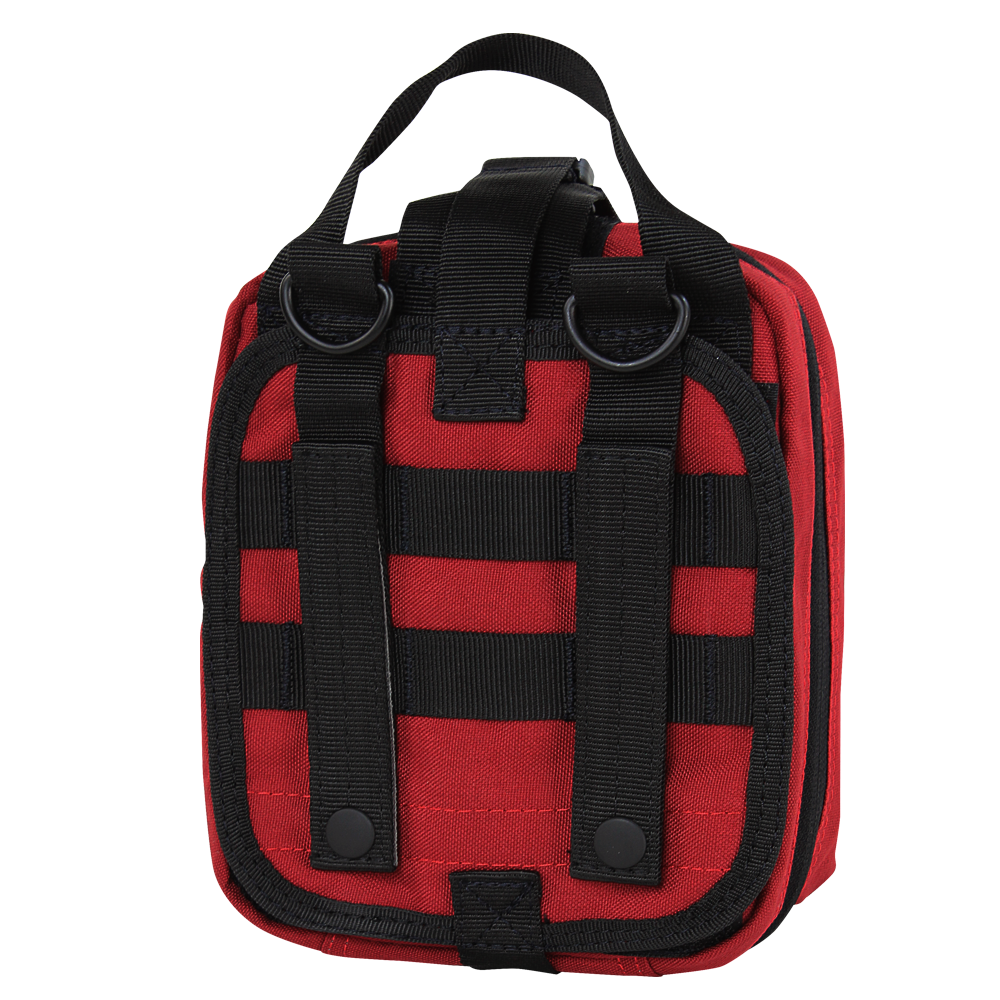 The Condor Rip-Away EMT Pouch is a small red pouch with black straps, MOLLE webbing, and two metal D-rings, displayed from the back to show attachment options.