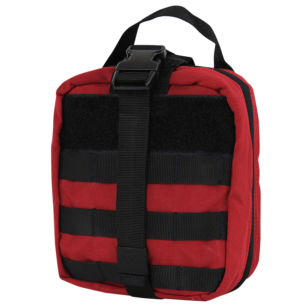 The Condor Rip-Away EMT Pouch is a red tactical pouch with black straps and a buckle handle, ideal for carrying gear or medical supplies.