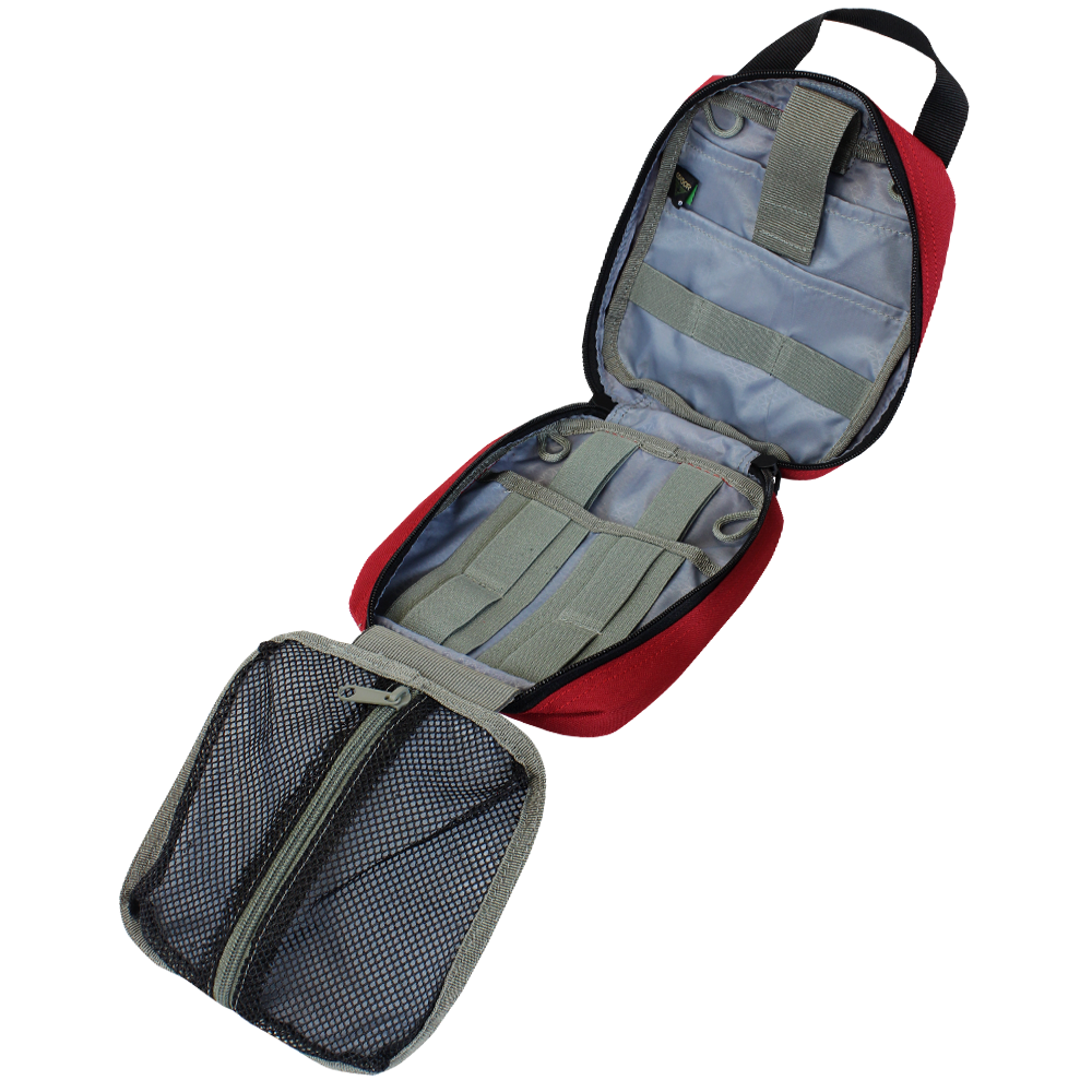 The Condor Rip-Away EMT Pouch in red and gray is open, revealing internal mesh pockets, elastic straps, and compartments designed for organizing small items.