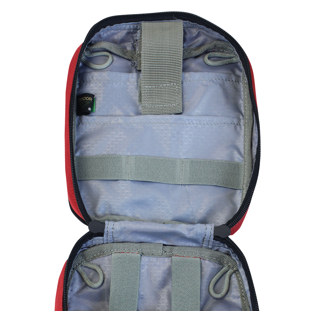 The Condor Rip-Away EMT Pouch features a light gray interior, multiple elastic straps, and loops for organizing small items in an open, empty zippered pouch.